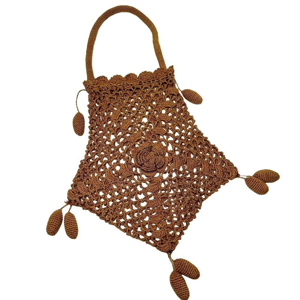 Vintage Handmade Open Crochet Drawstring Handbag Purse Bag‎ Unlined